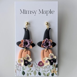 Oorbellen met heksenhoed en pompoen – Cottagecore Halloween-hangers met bloemen