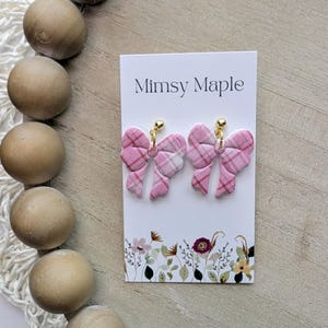 Handmade Pink Plaid Bow Earrings: Hypoallergenic Gold-Tone Posts