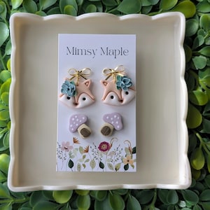 Fox & Mushroom Earrings – Handmade Clay Jewelry | Woodland Animal Dangles and Cottagecore Studs | Whimsical Gift for Her