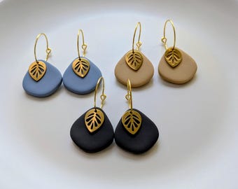 Clay Teardrop Earrings • Minimal Fall Dangles • Brass Leaf Hoop Earrings