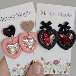 Glitter Heart Dangle Earrings: Pink or Red & Black Valentine&#39;s Jewelry