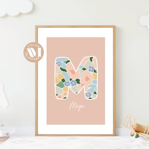 Cartel de nombre inicial decorativo floral - floral - cartel infantil - cartel de bebé