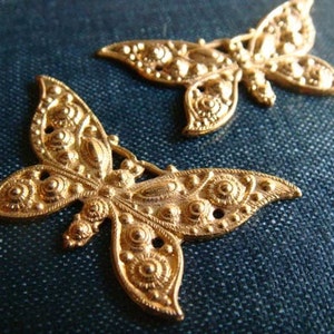 Vintage Swirled Butterfly Stampings - Russian Gold Plated - 2pcs - Rare - Gold Plated Brass Moth Pendant, Filigree Charm
