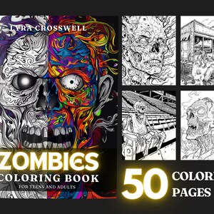 Puede incluir: Un libro para colorear de zombies colorido con 50 páginas. La portada presenta una calavera de zombie con un lado en blanco y negro y el otro lado en colores vibrantes. El título "Zombies Coloring Book for Teens and Adults" se muestra en amarillo.