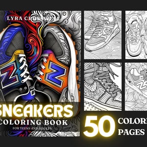 May include: A colouring book cover featuring colourful sneakers with the text "SNEAKERS COLOURING BOOK FOR TEENS AND ADULTS" and "50 COLOURING PAGES".