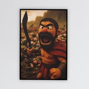 Puede incluir: Obra de arte enmarcada que representa a un guerrero de dibujos animados con una espada, gritando con la boca abierta. El guerrero lleva un atuendo rojo y marrón. El fondo muestra una escena de batalla. La obra se exhibe en una pared blanca.