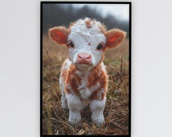 Adorable Baby Cow Calf Nursery Wall Art | Cute Farm Animal Poster