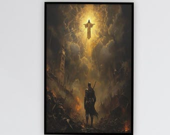 Epic Fantasy Knight Ascension Poster , Knight Rising in Divine Light Wall Art,Epic Fantasy Knight Ascension Poster