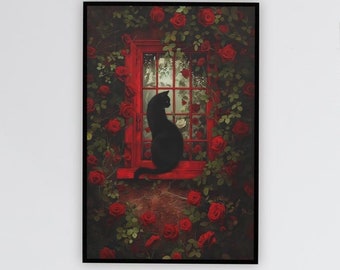 Mystical Cat at Window Rolled Poster - Enchanting Home Decor, Cat Lover Gift, Vintage Art, Wall Art, Aesthetic Room Decor