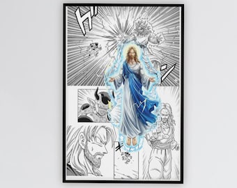 Divine Super Warrior Poster |  Anime DBZ inspired Fan Art Print | Combat Manga Wall Decor | Space Villain Battle | Funny Religious Geek Gift