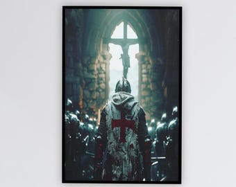 Templar Knight Crusader Wall Poster – Medieval Christian Art,Templar Knight in Armor ,Crusader Religious Wall Decor, Christian Faith Artwork