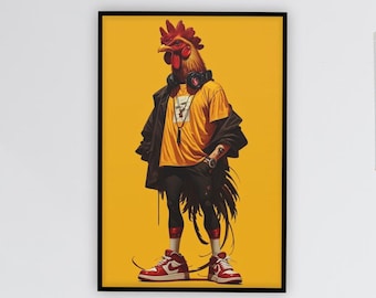 Cool Rooster Art Poster | Funky Wall Decor, Unique Gift, Home Office Wall Art, Funny Art Print, Gift for Chicken Lovers, Hip Hop Decor