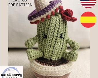 Cacto mexicano e sombrero em amigurumi, padrão de crochê, download em PDF
