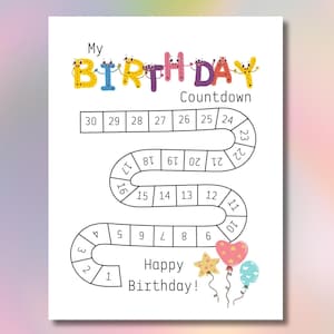 Conto alla rovescia per il compleanno per bambini Calendario stampabile di 30 giorni Pagina PDF divertente Percorso grafico attività di compleanno con numeri Regalo creativo per bambini