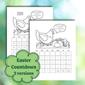 Contagem regressiva para a Páscoa para crianças Calendário de férias de primavera para impressão Atividade engraçada para colorir galinha e frango 30 dias 2025 e modelo sem data PDF