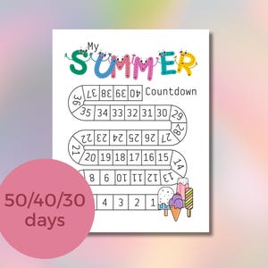 Cuenta regresiva para las vacaciones de verano para niños Calendario de vacaciones imprimible para niñas Plantilla de seguimiento de vacaciones Regalo para niños Descripción creativa PDF Helado