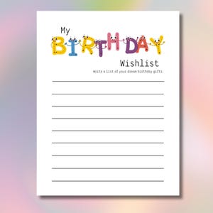 Idea de lista de deseos de regalos de cumpleaños para niño Plantilla imprimible de cumpleaños para niña Diseño feliz Actividad de interior para niños Página de letras en formato PDF Diario de fiesta digital