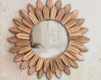 Boho Retreat Sunburst-spiegel | Houten ronde wandspiegel | Natuurlijke rustieke cirkel ingelijst