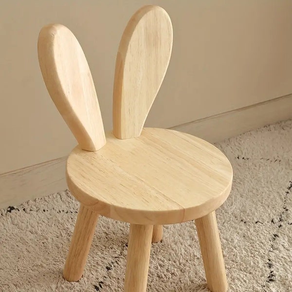 Rabbit Chair | Solid Wood Small Stool with Rabbit Ears Backrest | Children's Chair | Changing Shoes Bench | Living Room Decor Furniture