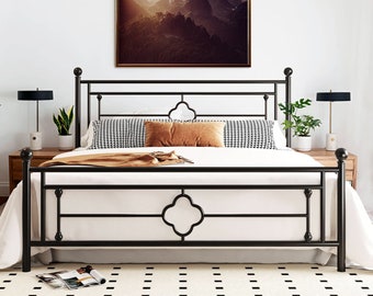 Unique Metal Platform Bed with Victorian Vintage Headboard and Footboard | Elegant Platform Bed Frame | Unique Iron-like Bed Design