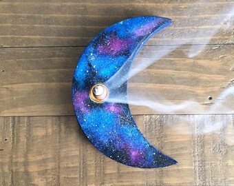 Galaxy Crescent Moon Incense Holder | Nag Champa Cone Celestial Gift Set | Waxing Waning Moon Ritual Decor