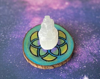 Seed of Life Crystal Grid & Selenite Tower Set | Sacred Geometry Talisman Crystal | Altar Sacred Space Decor