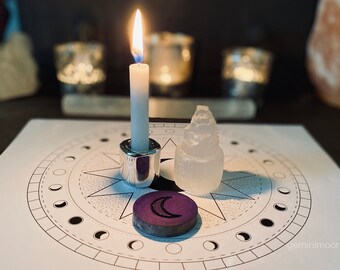 Moon Planetary Glyph Altar Set | Talisman & Selenite Candle Holder | Astrological Ritual Magic Decor