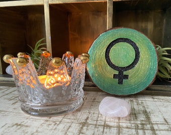 VENUS Cazimi Planetary Glyph Altar Set | Talisman Rose Quartz & Crown Candle Holder | Astrological Ritual Magic Decor