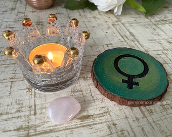 VENUS Cazimi Planetary Glyph Altar Set | Talisman Rose Quartz & Crown Candle Holder | Astrological Ritual Magic Decor