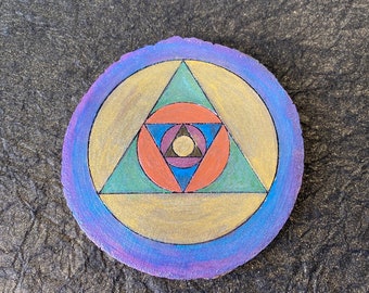 Equilateral Triangle Sacred Geometry Talisman | Alchemy Painted Crystal Energy Grid | Harmonic Altar & Sacred Space Decor - Gold Blue