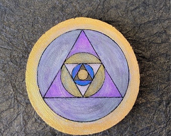 Equilateral Triangle Sacred Geometry Talisman | Alchemy Painted Crystal Energy Grid | Harmonic Altar & Sacred Space Decor - Silver Gold