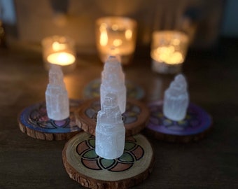 Seed of Life Crystal Grid & Selenite Tower Set | Sacred Geometry Talisman Crystal | Altar Sacred Space Decor