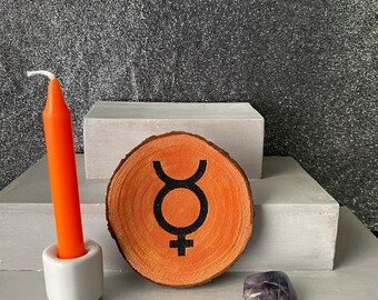 MERCURY Planetary Glyph Altar Set | Talisman & Tumbled Fluorite Orange Spell Candle and Holder | Astrological Ritual Magic Decor