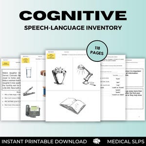 May include: A cognitive speech-language inventory with the title "Cognitive Speech-Language Inventory" in bold black letters. The image shows several pages with illustrations and text, including a glass of water, a lamp, and a book. The product has 118 pages.