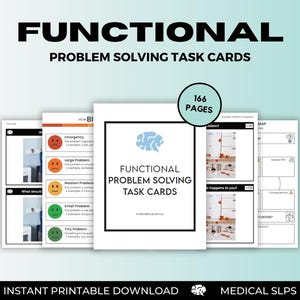 May include: A set of 166 printable task cards for functional problem solving. The cards feature a brain graphic, a color-coded chart for problem severity, and examples of problem solving scenarios. The text "FUNCTIONAL PROBLEM SOLVING TASK CARDS" is printed on the cards.