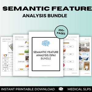 May include: A bundle of printable pages titled "Semantic Feature Analysis (SFA)" with the text "200+ Pages". The cover features a blue brain graphic. The text "Instant Printable Download" is at the bottom.