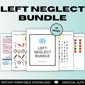 Puede incluir: Un conjunto de materiales educativos imprimibles titulado "Left Neglect Bundle" con 55 páginas. La portada presenta un gráfico de cerebro azul. El conjunto incluye varios ejercicios y ayudas visuales para terapia y aprendizaje.