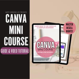 Puede incluir: Una maqueta de producto digital en la pantalla de una tableta con el texto "Canva Mini Course" y "¡Aprende a usar Canva como un principiante completo!" La tableta está sobre una superficie rosa y blanca con una lámpara en el fondo. El texto "Master Resell Rights!" es visible en la pantalla de una segunda tableta.