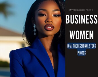 May include: A woman with dark hair and makeup wearing a royal blue blazer. The text "HAPPY GORGEOUS LIFE PRESENTS BUSINESS WOMEN 10 AI PROFESSIONAL STOCK PHOTOS" is in the background.