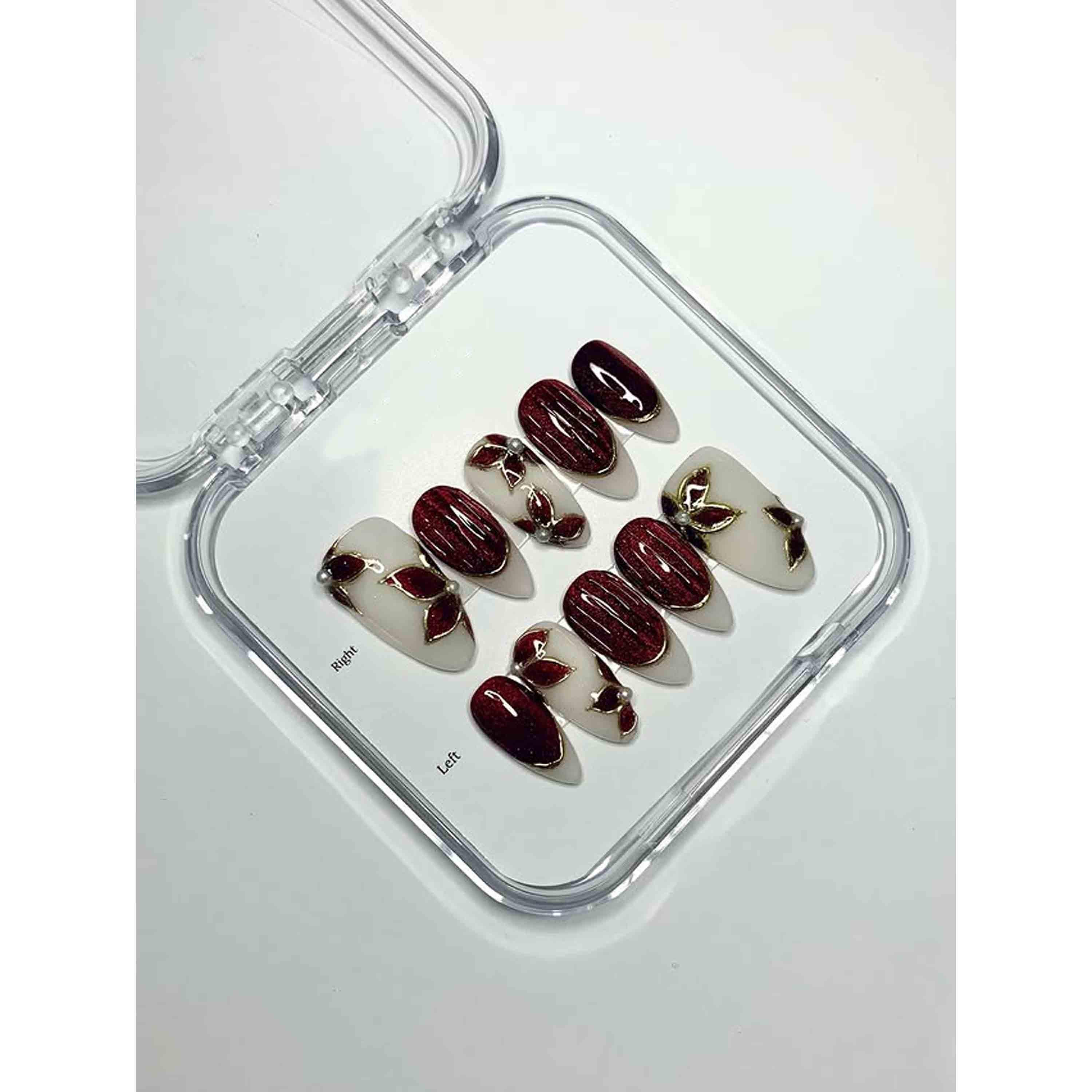 Red Leaf Press on Nails – Handmade Gold Outline Nail Art on Cream Base – Glossy Short Oval Fake Nails with Glue & Adhesive Tabs