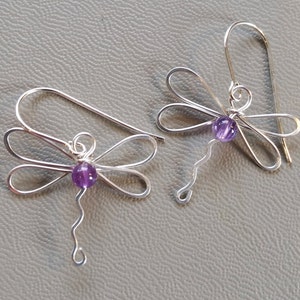 Dragonfly Earrings With Amethyst, Sterling Silver Wire Dangle Earrings, February Birthstone Jewelry Stone Beads, Dragonfly Jewelry, Mothers