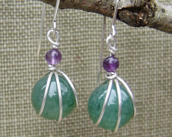 Green Aventurine Stone and Amethyst Sterling Silver Earrings - Wire Wrap Stone Jewelry, Stone Earrings, Green Earrings Gift for Women