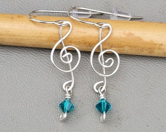 Treble Clef Earrings Silver with Birthstone Crystal Beads, Music Gift, Musician Gift Music Note Earrings, Choir Music Teacher Gift