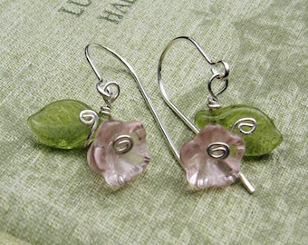 Little Pink Glass Flower Earrings, Sterling Silver Wire and Czech Glass Flower Jewelry, Flower Girl Gift for Girls, Stocking Stuffer, Women