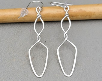 Long Silver Earrings, Goddess Geometric Twist Dangle Earrings, Light Weight Sterling Silver Wire Earrings, Long Diamond Shape