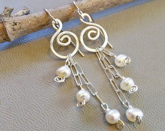 Long Pearls And Swirls Sterling Silver Dangle Earrings, Long Dangle Earrings, Bridal Earrings Pearl Jewelry Women Fresh Water Pearl Earrings