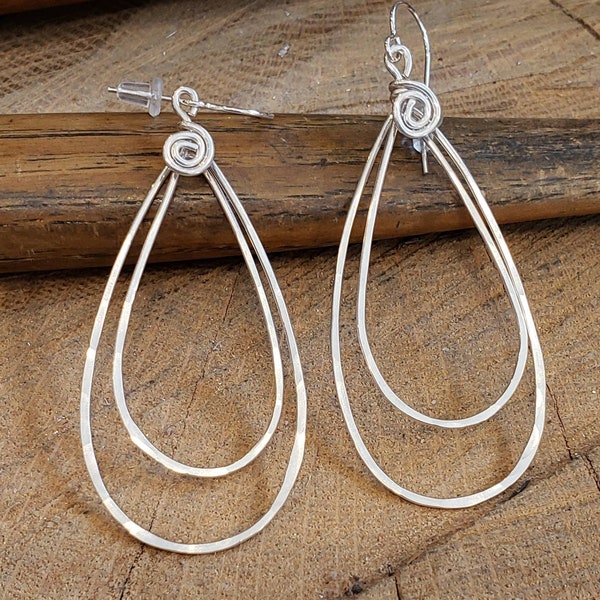 Sterling Silver Double Teardrop Earrings, Long Silver Earrings, Teardrop Hoop Earrings, Hammered Wire Dangle Earrings, Women