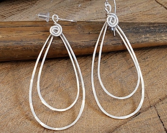 Sterling Silver Double Teardrop Earrings, Long Silver Earrings, Teardrop Hoop Earrings, Hammered Wire Dangle Earrings, Women