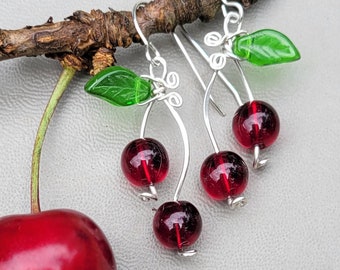 Red Cherry Earrings,  Red Cherries, Fruit Earrings, Womens Rockabilly Gift for Her, Fruit Jewelry