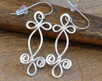 Celtic Sterling Silver Wire Dangle Earrings, Double Swirl Shamrock Whirl, Celtic Jewelry, Women, Handmade Gift, Dangle Earring